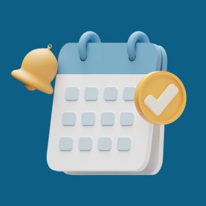 2026-2027 Important Events; A 3D calendar icon with a blue top and white grid, featuring a yellow bell and checkmark badge on a dark blue background, symbolizing reminders and tasks.