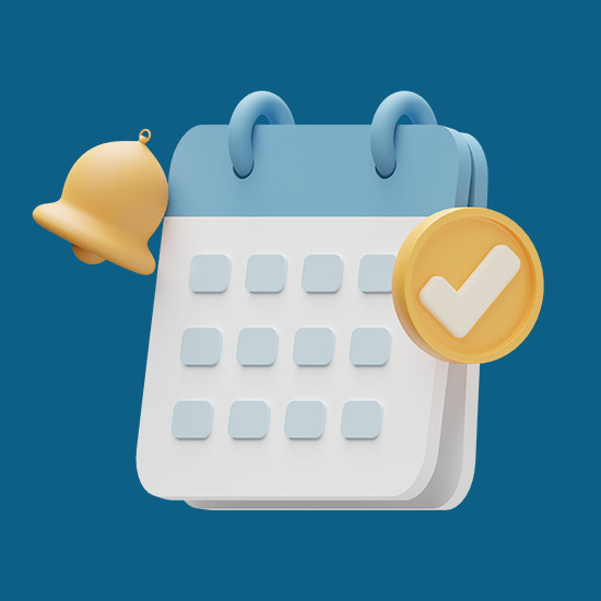 2026-2027 Important Events; A 3D calendar icon with a blue top and white grid, featuring a yellow bell and checkmark badge on a dark blue background, symbolizing reminders and tasks.